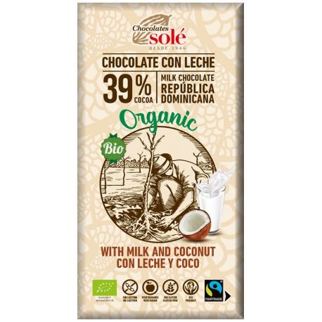Ciocolata cu lapte si cocos bio si Fairtrade fara gluten x 100g Chocolates Sole